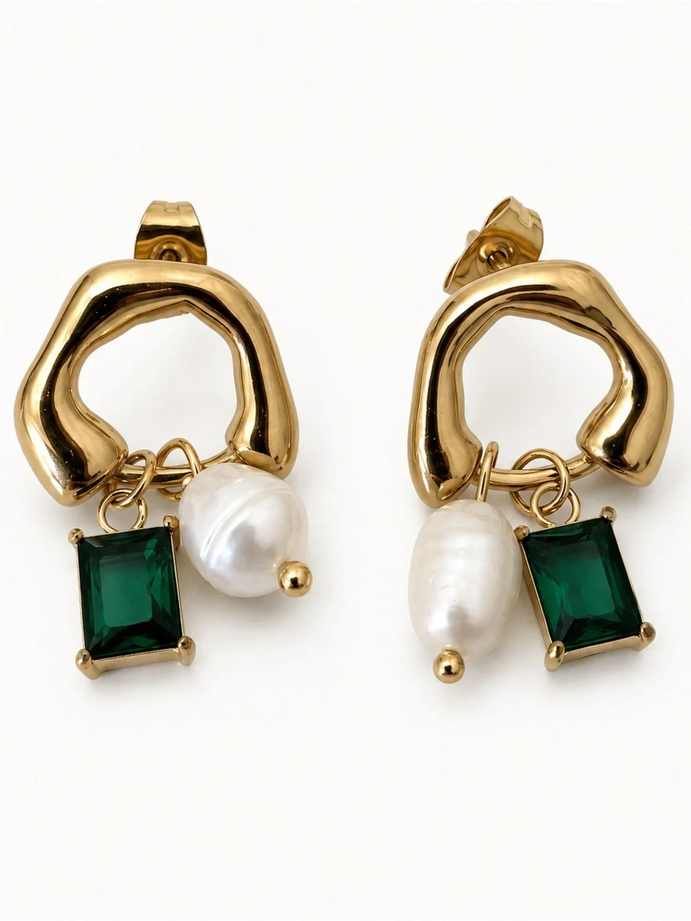 18K Gold Green Stone Pearl Drop Earrings